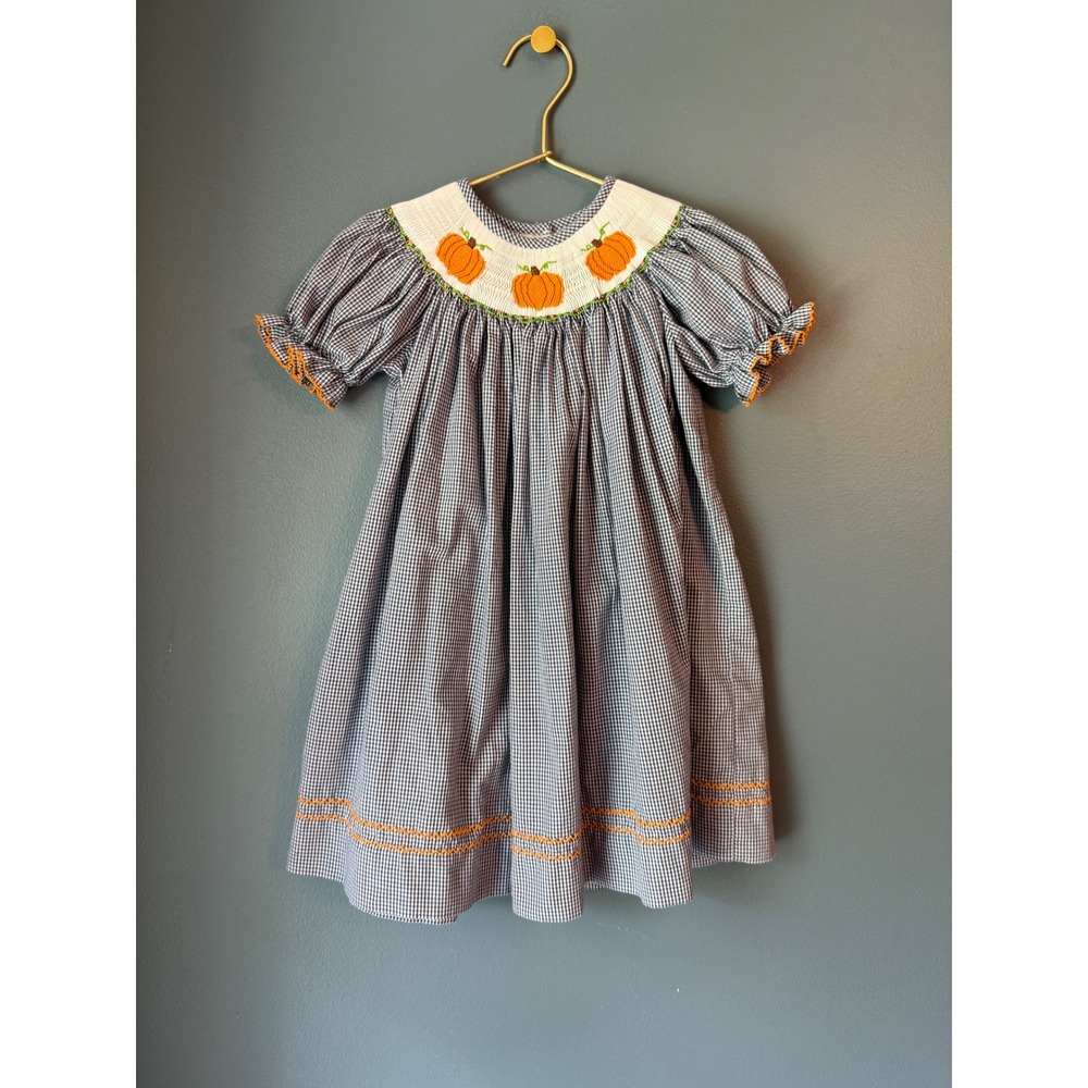 Stellybelly Girls Navy Gingham Smocked Pumpkin Bishop Dress Fall Thanksgiving 3T